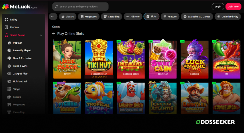 A screenshot of the desktop casino games library page for McLuck Casino